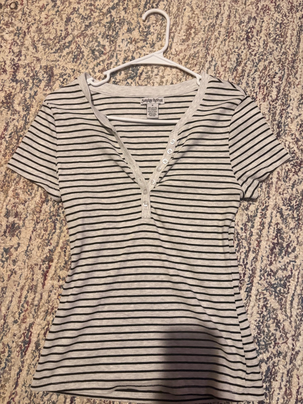 White and Black Striped Short Sleeve Shirt
